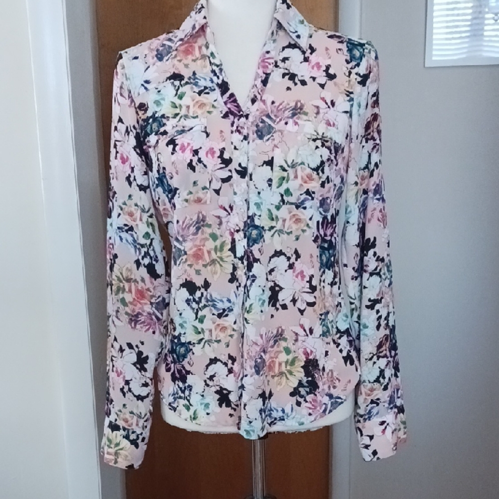 Express Portofino Shirt Long Sleeve Collared V-Neck Floral Peach Aqua Black XS